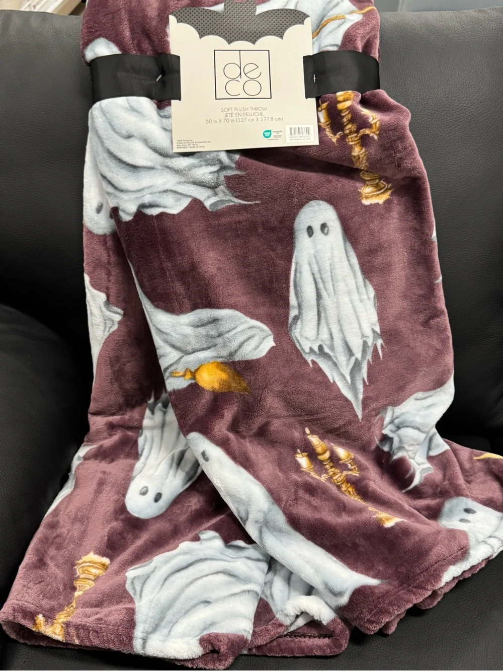 ADEE Plush Ghost Print Throw Blanket - Burgundy & White